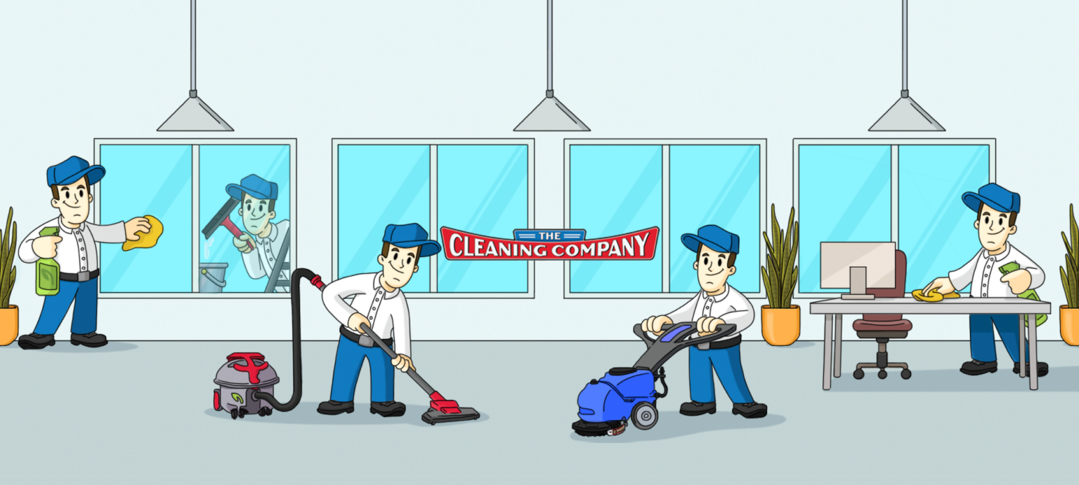 One crew handling glass, vacuuming, floor scrubbing and desks in a single office