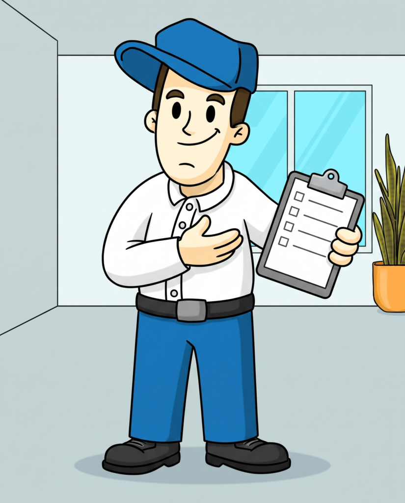 The Cleaning Company crew member checking work against a written task schedule