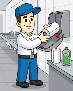 Crew member restocking a paper towel dispenser in a commercial washroom