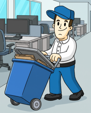 Crew member emptying office recycling during nightly janitorial cleaning in an Okanagan building