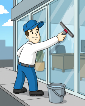 Commercial window cleaning with a squeegee on an office storefront
