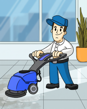 Walk-behind floor scrubber restoring a commercial tile floor