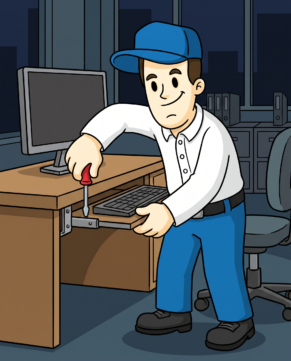 Crew member repairing a keyboard tray after hours