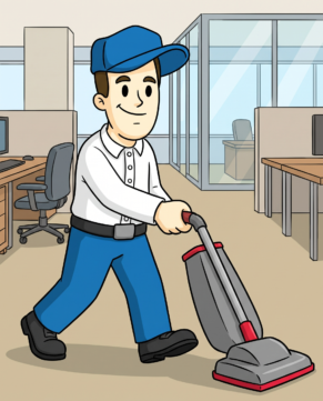 Crew member vacuuming carpet in an open-plan office